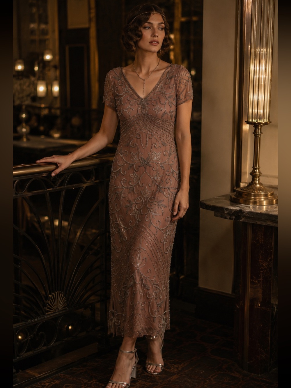 Pisarro Nights Rose Gold Beaded V-Neck Sheath Dress